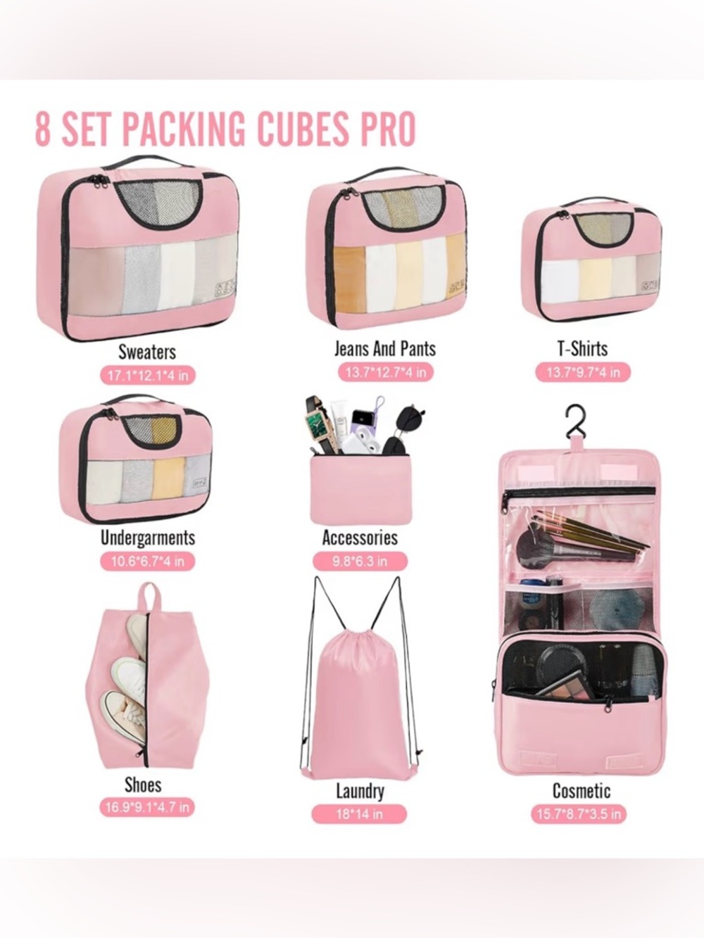 8-Piece Pink Travel Packing Cube Set with Hanging Toiletry Bag - Picture 3 of 7